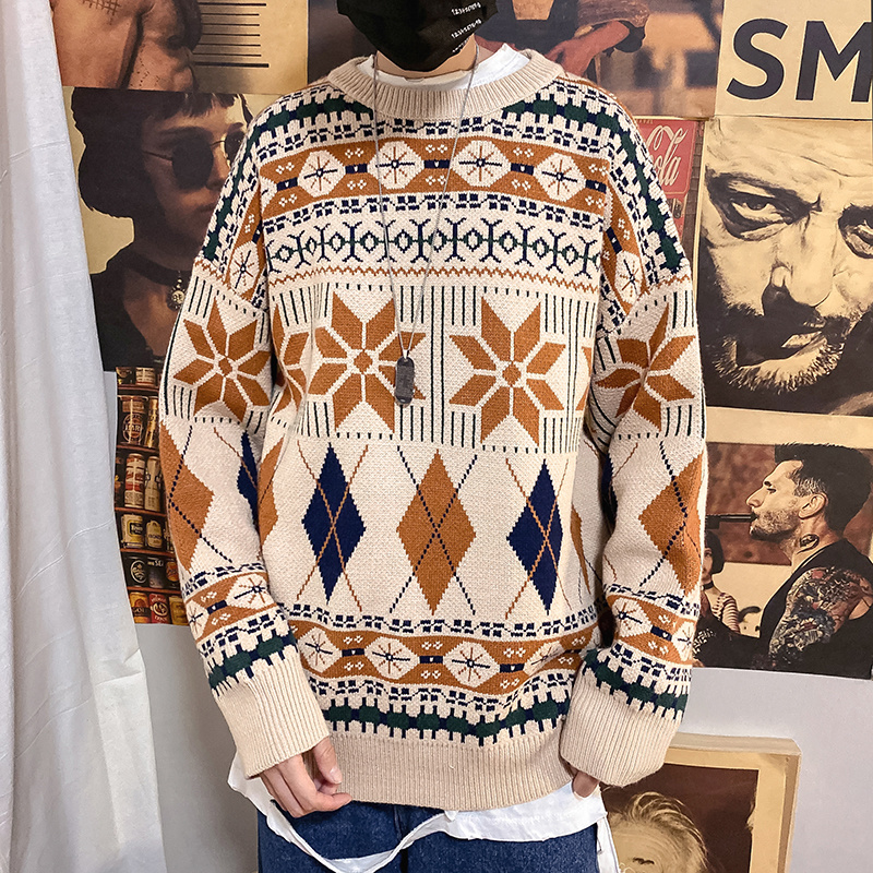 2022 Knitted Geometry Vintage Sweater Men Clothes Geometry Pullover Khaki Loose Sweater Casual Streetwear Knitwear Sweater Men